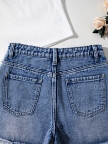 SHEIN 青少年女孩破洞毛邊牛仔短褲