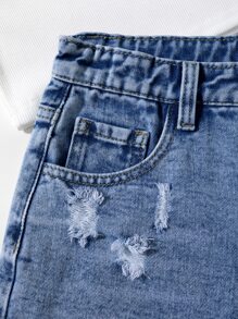 SHEIN 青少年女孩破洞毛邊牛仔短褲