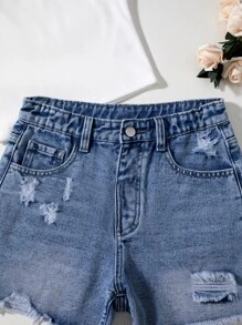 SHEIN 青少年女孩破洞毛邊牛仔短褲