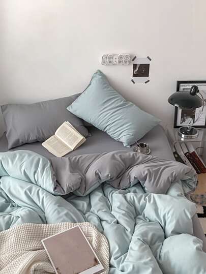 3pcs Blue & Grey Dormitory/Bedroom Bedding Set Including 1 Duvet Cover, 2 Pillow Covers Without Fillings, Machine Washable, Back-To-School Bedding