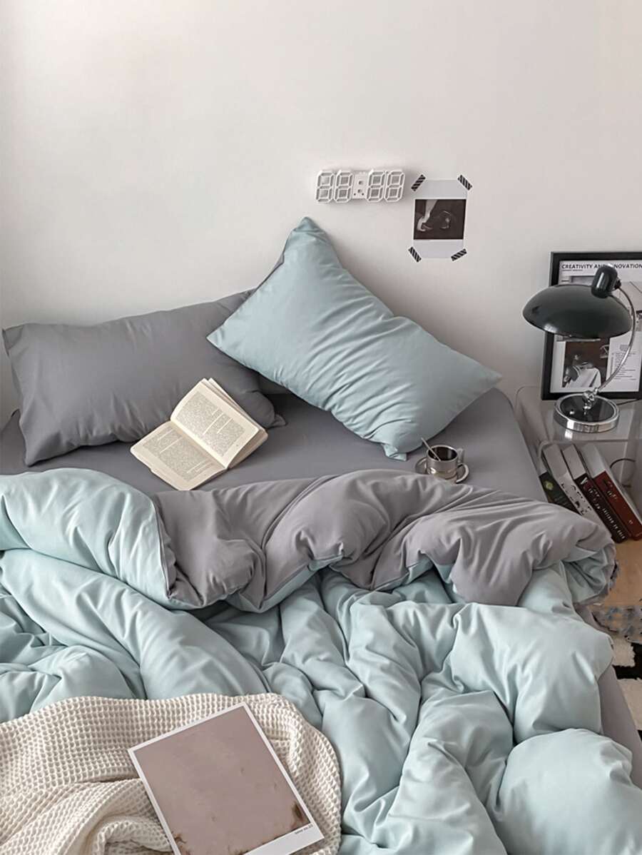 3pcs Blue & Grey Dormitory/Bedroom Bedding Set Including 1 Duvet Cover, 2 Pillow Covers Without Fillings, Machine Washable, Back-To-School Bedding