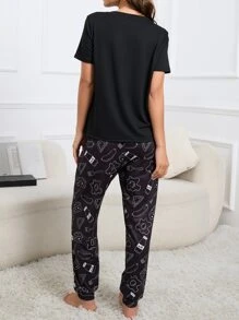 標語圖案T恤和卡通長褲睡衣套裝 - 黑色 - 查看 2