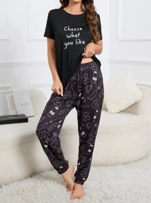 標語圖案T恤和卡通長褲睡衣套裝 - 黑色 - 查看 3