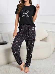 標語圖案T恤和卡通長褲睡衣套裝 - 黑色 - 查看 4