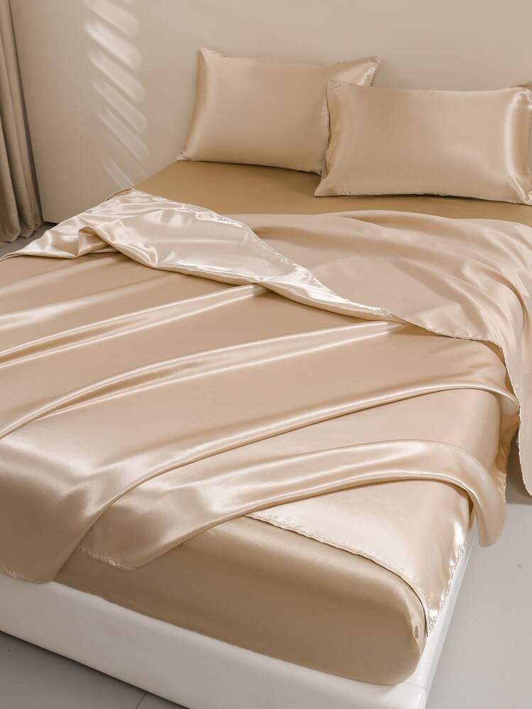 4pcs/set  Champagne Fitted Sheet Set (1 Fitted Sheet + 2 Pillowcase+ 1 Flat Sheet), Minimalist Fabric Sheet Set For Bedroom, All Season - Champagne - View 4