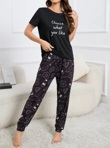 標語圖案T恤和卡通長褲睡衣套裝 - 黑色 - 查看 5