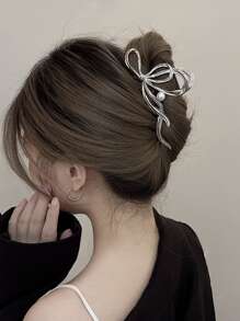 Faux Pearl Decor Bow Design Hair Claw - Silver - View 2