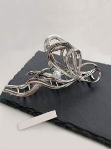 Faux Pearl Decor Bow Design Hair Claw - Silver - View 3