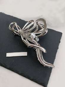 Faux Pearl Decor Bow Design Hair Claw - Silver - View 4