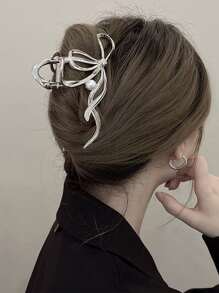 Faux Pearl Decor Bow Design Hair Claw - Silver - View 5