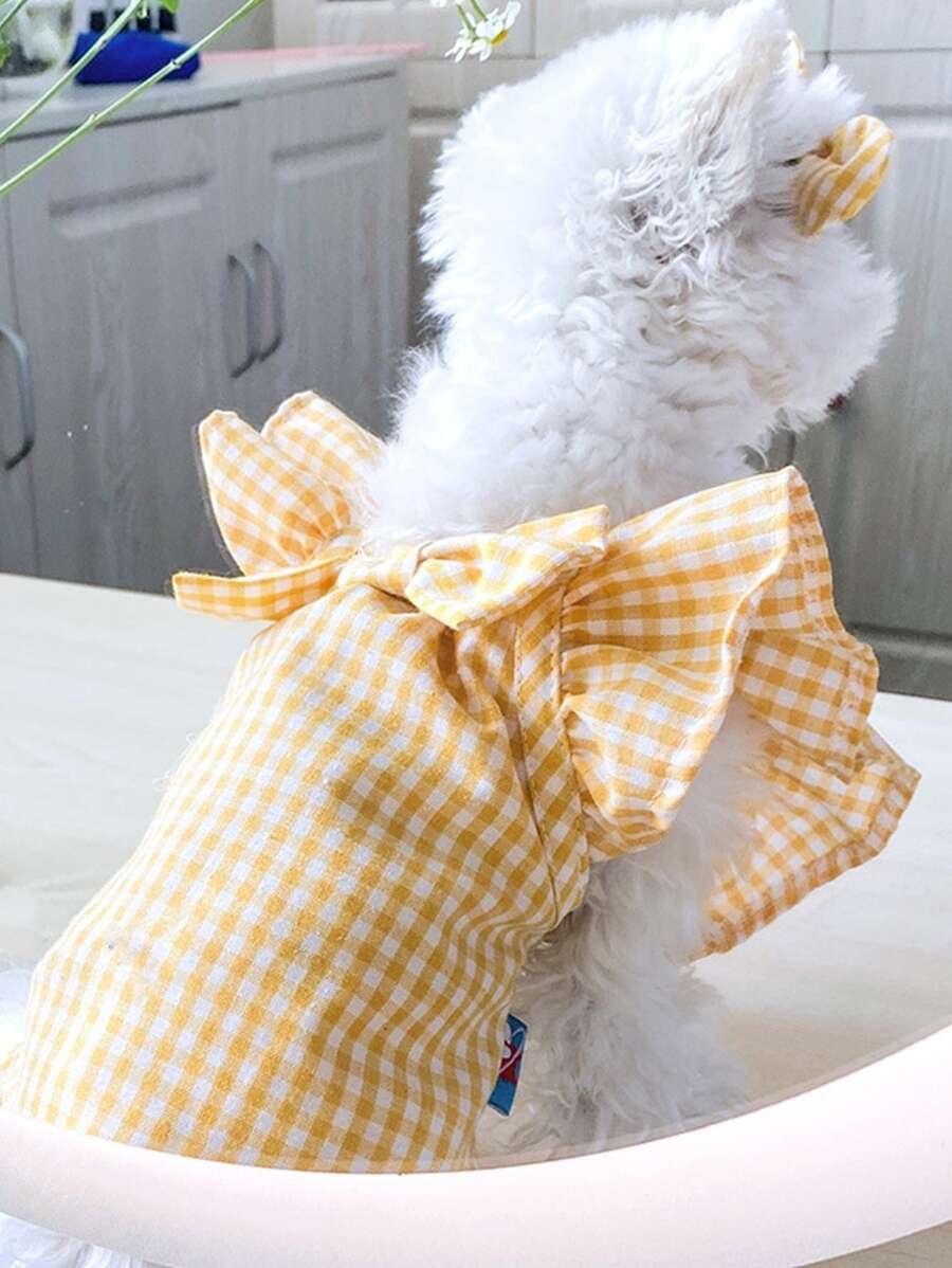 1pc Gingham Pattern Bow Decor Pet Shirt - Multicolor - View 1