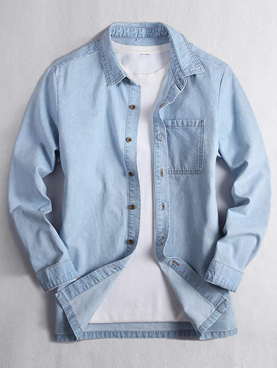 Manfinity Men Patched Pocket Denim Shirt Without Tee - Light Wash - View 1