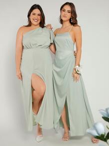 SHEIN Belle 1入組素色圍裹下擺緞面吊帶裙伴娘禮服 - 薄荷綠 - 查看 4