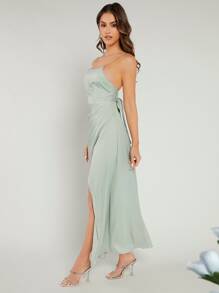 SHEIN Belle 1入組素色圍裹下擺緞面吊帶裙伴娘禮服 - 薄荷綠 - 查看 6