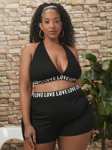 SHEIN CURVE+ Plus Letter Graphic Halter Neck PJ Set - Black - View 3