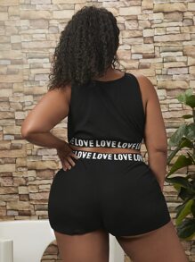 SHEIN CURVE+ Plus Letter Graphic Halter Neck PJ Set - Black - View 2