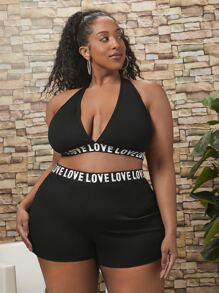 SHEIN CURVE+ Plus Letter Graphic Halter Neck PJ Set - Black - View 5
