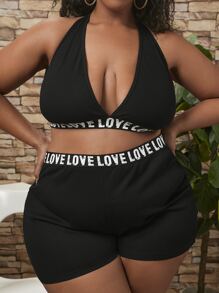 SHEIN CURVE+ Plus Letter Graphic Halter Neck PJ Set - Black - View 1