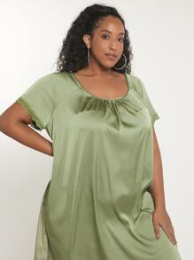 SHEIN CURVE+ 大碼胸部褶皺緞面睡裙