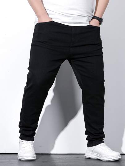 Manfinity Homme Men Plus bomull solid snedficka jeans Slim Fit Långtvättad Mörk Tvätt Jean Cargo Vanlig Svart Work Casual Storlek