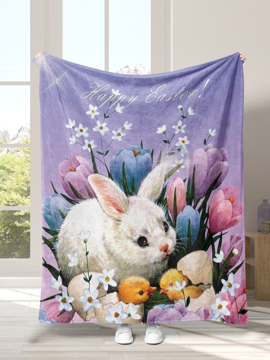 1pc Easter Rabbit & Egg Pattern Blanket - Multicolor - View 1