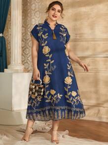 Al Najma Plus Notched Neck Floral Embroidery Dress - Blue - View 1