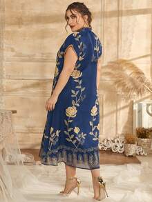 Al Najma Plus Notched Neck Floral Embroidery Dress - Blue - View 2