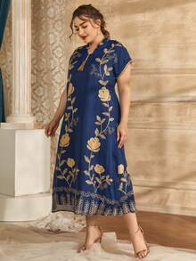 Al Najma Plus Notched Neck Floral Embroidery Dress - Blue - View 5