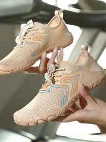 Women Striped Pattern Creek shoes Drawstring Front Sporty Water Shoes - Apricot - View 2