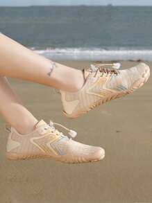 Women Striped Pattern Creek shoes Drawstring Front Sporty Water Shoes - Apricot - View 3