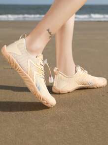 Women Striped Pattern Creek shoes Drawstring Front Sporty Water Shoes - Apricot - View 6