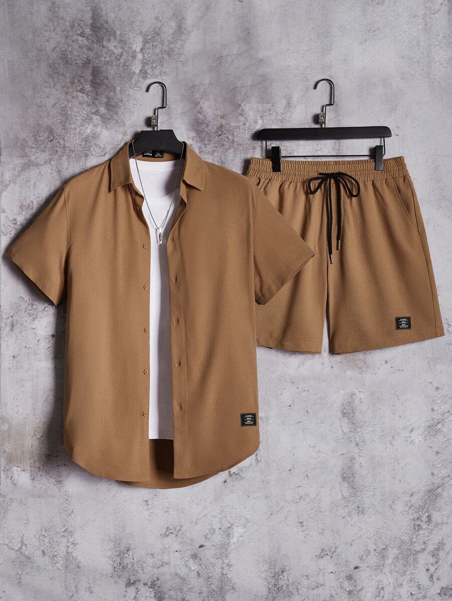 GENTILAND 男士字母貼布襯衫和腰部抽繩短褲不帶T恤 - 棕色 - 查看 1