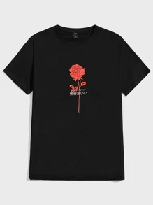 Manfinity Men Floral & Japanese Letter Graphic Tee - Black - View 1