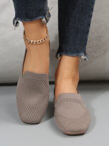 Women Slip On Loafers Knit Square Toe Flats Mocha Brown, Mocha Brown Elegant And Plain Loafers