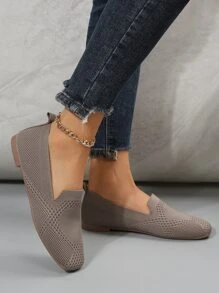 Women Slip On Loafers Knit Square Toe Flats Mocha Brown, Mocha Brown Elegant And Plain Loafers