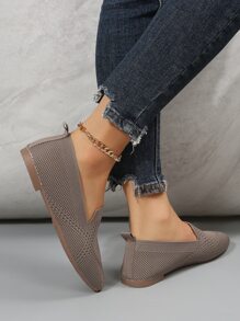 Women Slip On Loafers Knit Square Toe Flats Mocha Brown, Mocha Brown Elegant And Plain Loafers