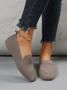 Women Slip On Loafers Knit Square Toe Flats Mocha Brown, Mocha Brown Elegant And Plain Loafers