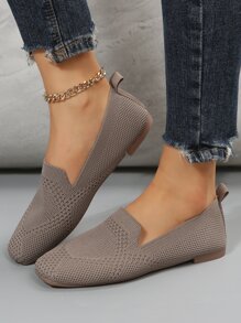 Women Slip On Loafers Knit Square Toe Flats Mocha Brown, Mocha Brown Elegant And Plain Loafers