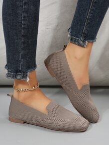 Women Slip On Loafers Knit Square Toe Flats Mocha Brown, Mocha Brown Elegant And Plain Loafers