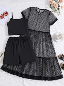 女孩素色吊帶背心和短褲和網紗連衣裙 - 黑色 - 查看 1
