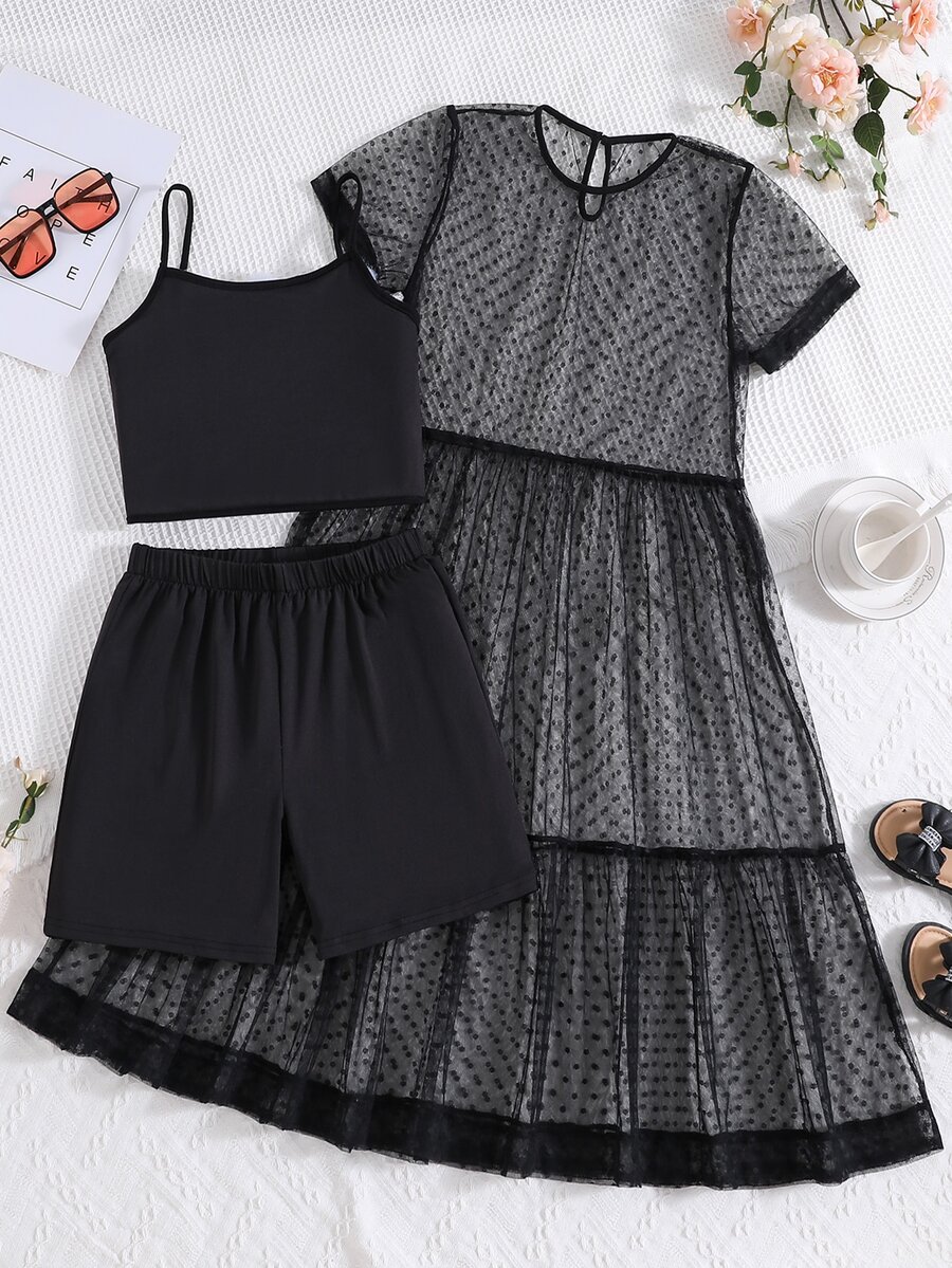 女孩素色吊帶背心和短褲和網紗連衣裙 - 黑色 - 查看 1