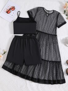 女孩素色吊帶背心和短褲和網紗連衣裙 - 黑色 - 查看 2