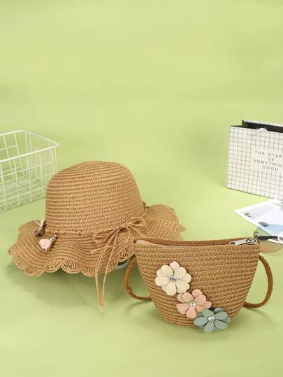 Girls Flower Decor Straw Bag With Straw Hat