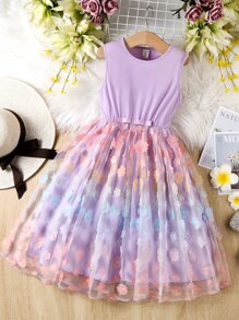 SHEIN Girls Appliques Contrast Mesh Hem Dress - Lilac Purple - View 1