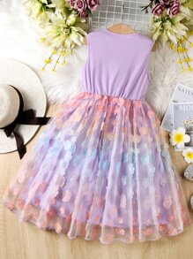 SHEIN Girls Appliques Contrast Mesh Hem Dress - Lilac Purple - View 2