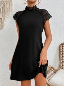 SHEIN Frenchy Contrast Lace Raglan Sleeve Mock Neck Dress Summer Elegant Black - Black - View 1