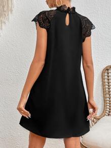 SHEIN Frenchy Contrast Lace Raglan Sleeve Mock Neck Dress Summer Elegant Black - Black - View 2