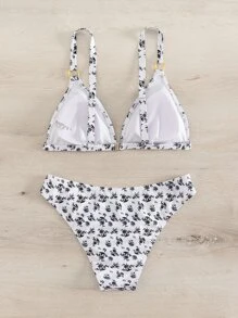 Ditsy Floral Ring Linked Triangle Summer Beach Bikini Set - White - View 4