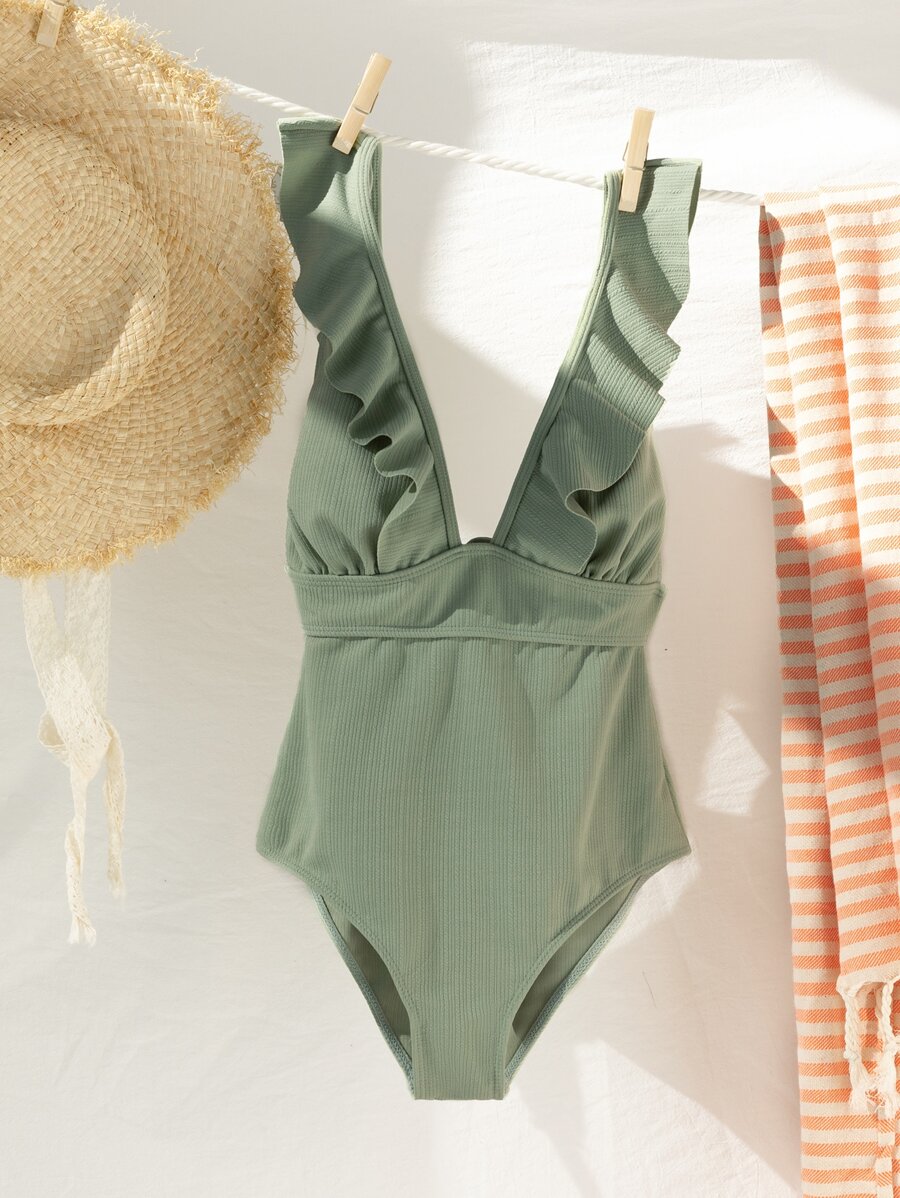 SHEIN Swim 荷葉邊連體泳衣 - 薄荷綠 - 查看 1