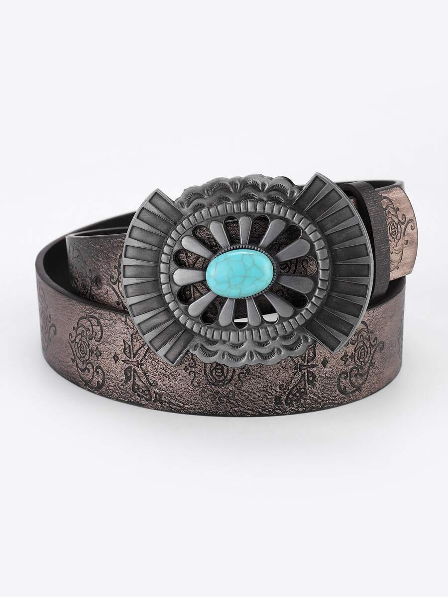 綠松石裝飾幾何搭扣皮帶 - 鏽棕色 - 查看 1